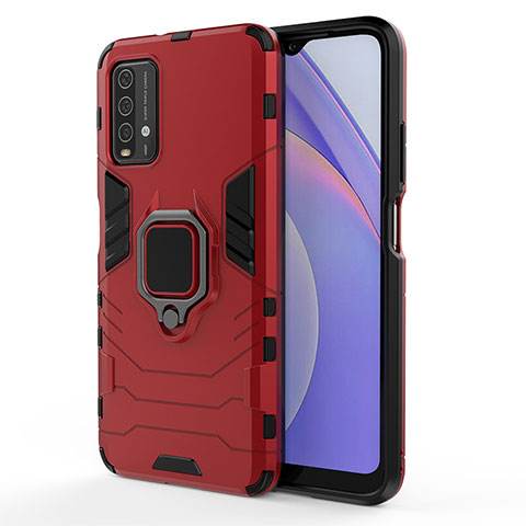 Coque Contour Silicone et Plastique Housse Etui Mat avec Magnetique Support Bague Anneau KC1 pour Xiaomi Redmi 9 Power Rouge