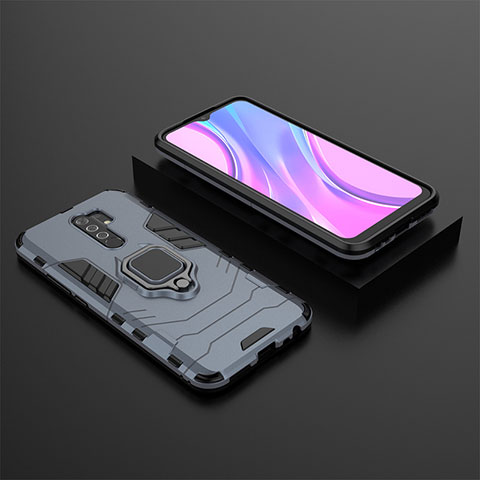 Coque Contour Silicone et Plastique Housse Etui Mat avec Magnetique Support Bague Anneau KC1 pour Xiaomi Redmi 9 Prime India Bleu