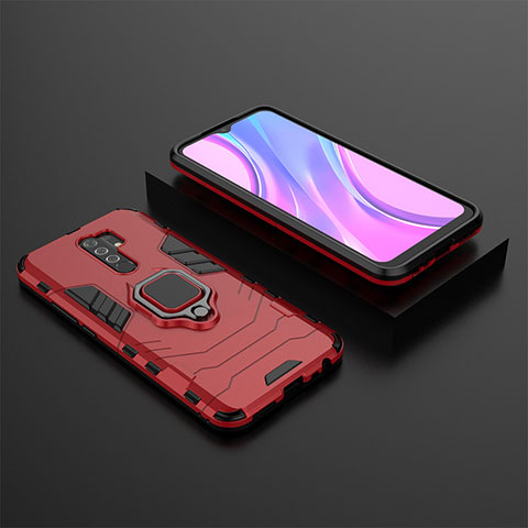 Coque Contour Silicone et Plastique Housse Etui Mat avec Magnetique Support Bague Anneau KC1 pour Xiaomi Redmi 9 Prime India Rouge