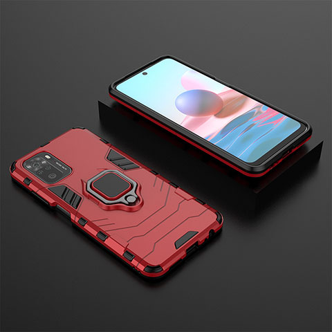 Coque Contour Silicone et Plastique Housse Etui Mat avec Magnetique Support Bague Anneau KC1 pour Xiaomi Redmi Note 10 4G Rouge