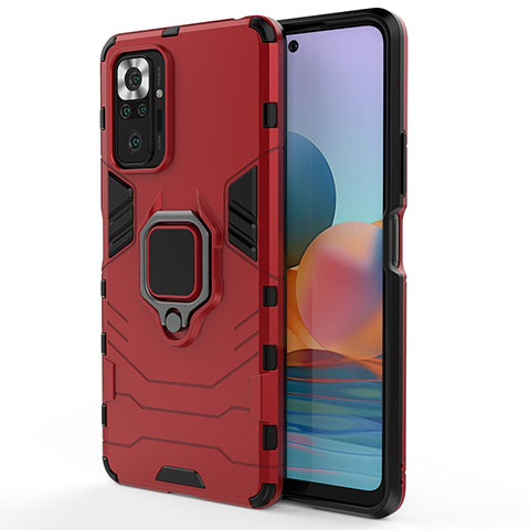 Coque Contour Silicone et Plastique Housse Etui Mat avec Magnetique Support Bague Anneau KC1 pour Xiaomi Redmi Note 10 Pro 4G Rouge