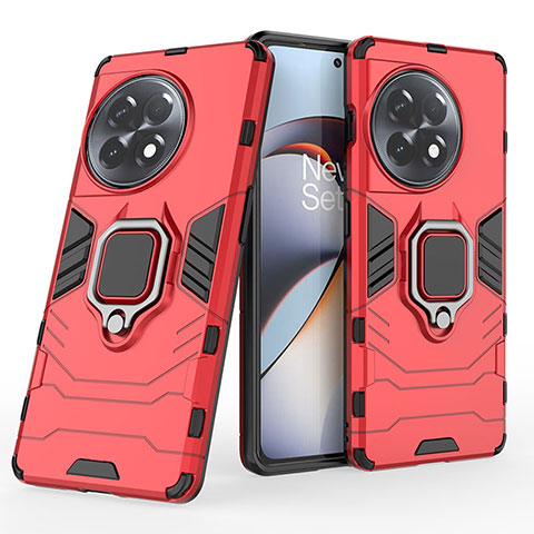 Coque Contour Silicone et Plastique Housse Etui Mat avec Magnetique Support Bague Anneau KC2 pour OnePlus Ace 2 5G Rouge