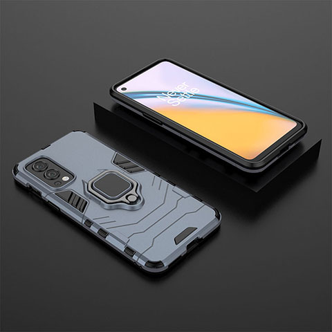 Coque Contour Silicone et Plastique Housse Etui Mat avec Magnetique Support Bague Anneau KC2 pour OnePlus Nord 2 5G Bleu