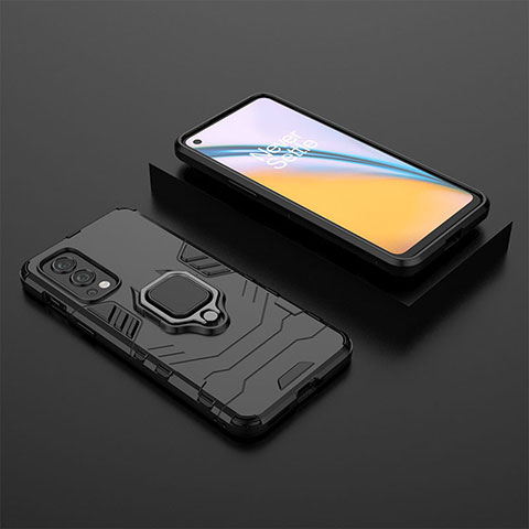 Coque Contour Silicone et Plastique Housse Etui Mat avec Magnetique Support Bague Anneau KC2 pour OnePlus Nord 2 5G Noir