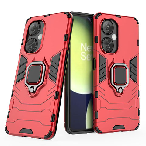 Coque Contour Silicone et Plastique Housse Etui Mat avec Magnetique Support Bague Anneau KC2 pour OnePlus Nord CE 3 5G Rouge