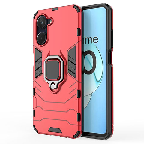 Coque Contour Silicone et Plastique Housse Etui Mat avec Magnetique Support Bague Anneau KC2 pour Realme 10 4G Rouge