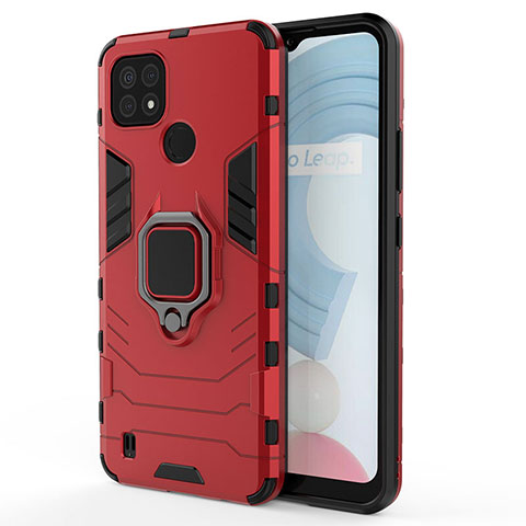 Coque Contour Silicone et Plastique Housse Etui Mat avec Magnetique Support Bague Anneau KC2 pour Realme C21 Rouge