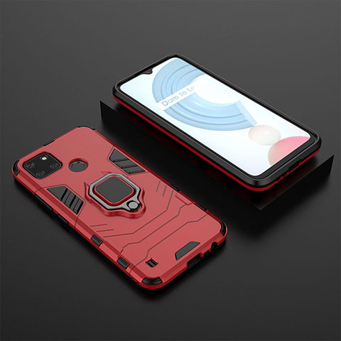 Coque Contour Silicone et Plastique Housse Etui Mat avec Magnetique Support Bague Anneau KC2 pour Realme C25Y India Rouge