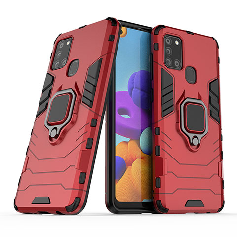 Coque Contour Silicone et Plastique Housse Etui Mat avec Magnetique Support Bague Anneau KC2 pour Samsung Galaxy A21s Rouge