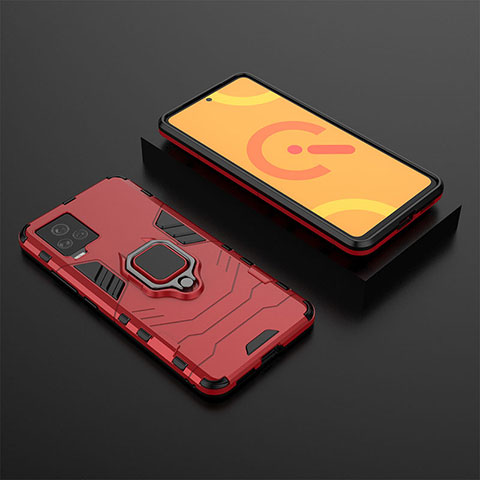 Coque Contour Silicone et Plastique Housse Etui Mat avec Magnetique Support Bague Anneau KC2 pour Vivo iQOO 7 Legend 5G Rouge