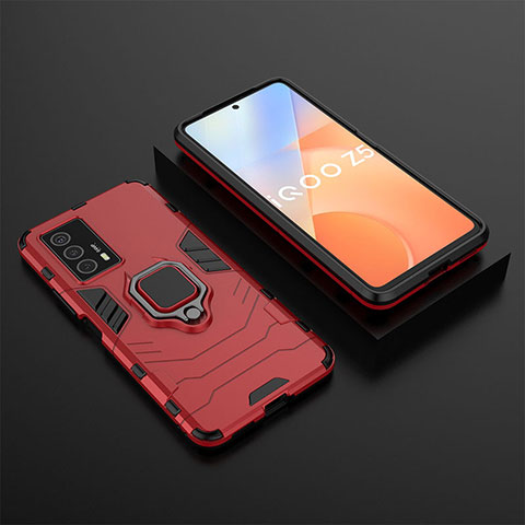 Coque Contour Silicone et Plastique Housse Etui Mat avec Magnetique Support Bague Anneau KC2 pour Vivo iQOO Z5 5G Rouge