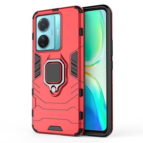 Coque Contour Silicone et Plastique Housse Etui Mat avec Magnetique Support Bague Anneau KC2 pour Vivo iQOO Z6 Pro 5G Rouge