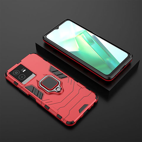 Coque Contour Silicone et Plastique Housse Etui Mat avec Magnetique Support Bague Anneau KC2 pour Vivo iQOO Z6x Rouge