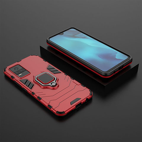 Coque Contour Silicone et Plastique Housse Etui Mat avec Magnetique Support Bague Anneau KC2 pour Vivo V21e 4G Rouge