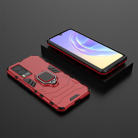 Coque Contour Silicone et Plastique Housse Etui Mat avec Magnetique Support Bague Anneau KC2 pour Vivo V21e 5G Rouge