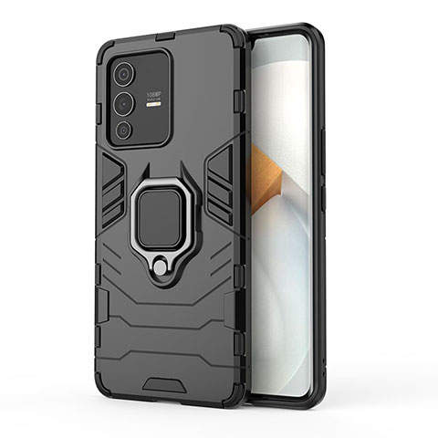 Coque Contour Silicone et Plastique Housse Etui Mat avec Magnetique Support Bague Anneau KC2 pour Vivo V23 Pro 5G Noir