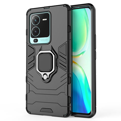 Coque Contour Silicone et Plastique Housse Etui Mat avec Magnetique Support Bague Anneau KC2 pour Vivo V25 Pro 5G Noir