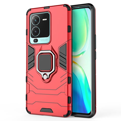 Coque Contour Silicone et Plastique Housse Etui Mat avec Magnetique Support Bague Anneau KC2 pour Vivo V25 Pro 5G Rouge