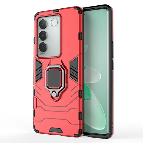 Coque Contour Silicone et Plastique Housse Etui Mat avec Magnetique Support Bague Anneau KC2 pour Vivo V27 Pro 5G Rouge