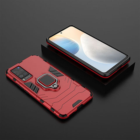 Coque Contour Silicone et Plastique Housse Etui Mat avec Magnetique Support Bague Anneau KC2 pour Vivo X60 Pro 5G Rouge