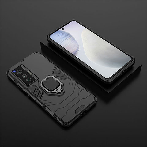 Coque Contour Silicone et Plastique Housse Etui Mat avec Magnetique Support Bague Anneau KC2 pour Vivo X70 5G Noir