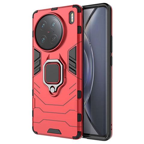 Coque Contour Silicone et Plastique Housse Etui Mat avec Magnetique Support Bague Anneau KC2 pour Vivo X90 Pro 5G Rouge