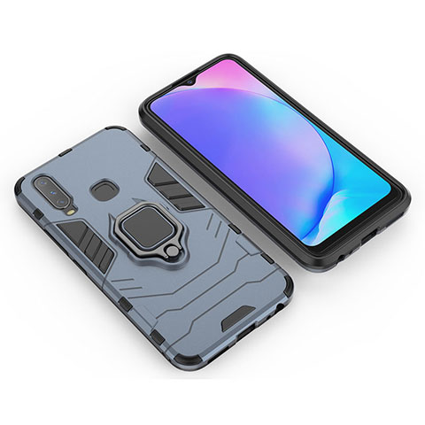 Coque Contour Silicone et Plastique Housse Etui Mat avec Magnetique Support Bague Anneau KC2 pour Vivo Y15 Bleu