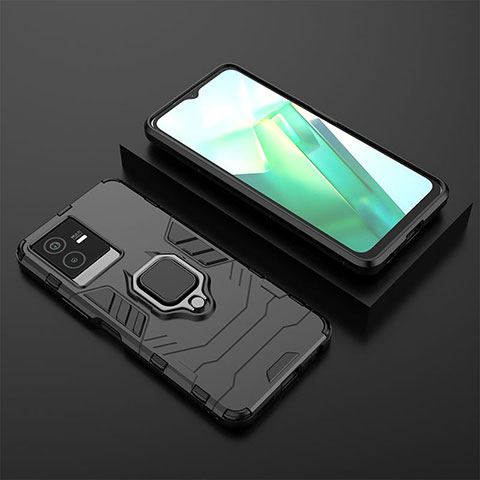 Coque Contour Silicone et Plastique Housse Etui Mat avec Magnetique Support Bague Anneau KC2 pour Vivo Y73t Noir