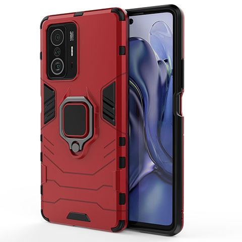 Coque Contour Silicone et Plastique Housse Etui Mat avec Magnetique Support Bague Anneau KC2 pour Xiaomi Mi 11T 5G Rouge