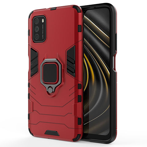 Coque Contour Silicone et Plastique Housse Etui Mat avec Magnetique Support Bague Anneau KC2 pour Xiaomi Poco M3 Rouge