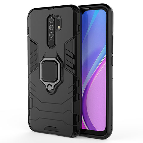 Coque Contour Silicone et Plastique Housse Etui Mat avec Magnetique Support Bague Anneau KC2 pour Xiaomi Redmi 9 Prime India Noir