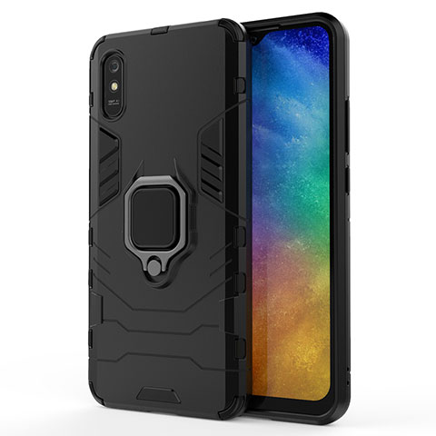 Coque Contour Silicone et Plastique Housse Etui Mat avec Magnetique Support Bague Anneau KC2 pour Xiaomi Redmi 9AT Noir