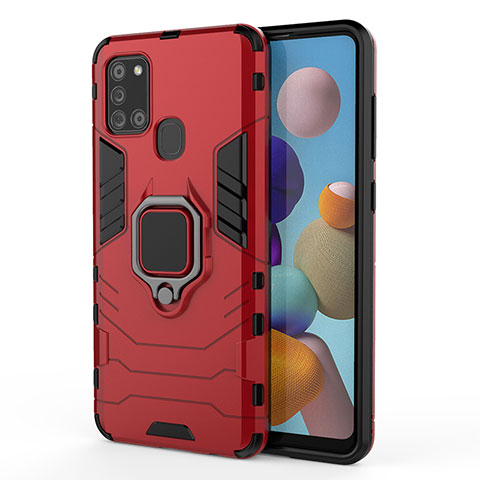 Coque Contour Silicone et Plastique Housse Etui Mat avec Magnetique Support Bague Anneau KC3 pour Samsung Galaxy A21s Rouge