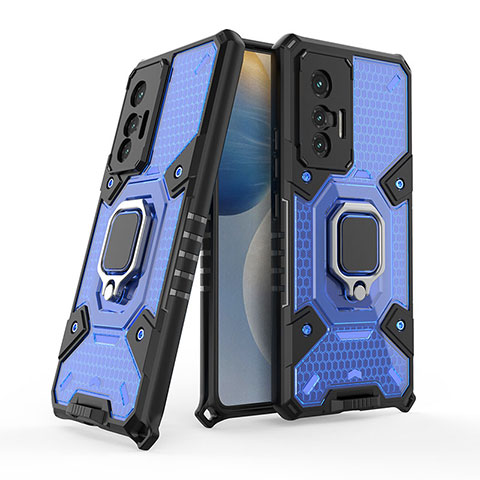 Coque Contour Silicone et Plastique Housse Etui Mat avec Magnetique Support Bague Anneau KC3 pour Vivo X70 5G Bleu