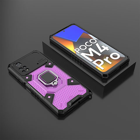 Coque Contour Silicone et Plastique Housse Etui Mat avec Magnetique Support Bague Anneau KC3 pour Xiaomi Poco M4 Pro 4G Violet