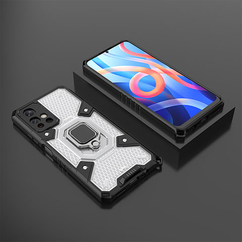 Coque Contour Silicone et Plastique Housse Etui Mat avec Magnetique Support Bague Anneau KC3 pour Xiaomi Poco M4 Pro 5G Blanc