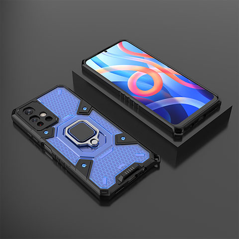 Coque Contour Silicone et Plastique Housse Etui Mat avec Magnetique Support Bague Anneau KC3 pour Xiaomi Poco M4 Pro 5G Bleu