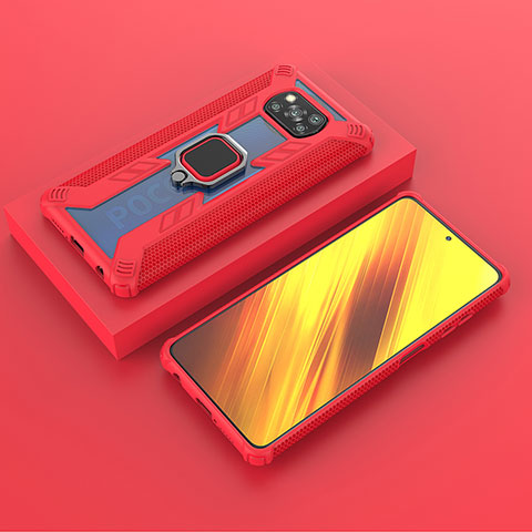 Coque Contour Silicone et Plastique Housse Etui Mat avec Magnetique Support Bague Anneau KC3 pour Xiaomi Poco X3 Pro Rouge