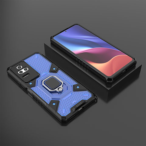 Coque Contour Silicone et Plastique Housse Etui Mat avec Magnetique Support Bague Anneau KC3 pour Xiaomi Redmi K50 Pro 5G Bleu