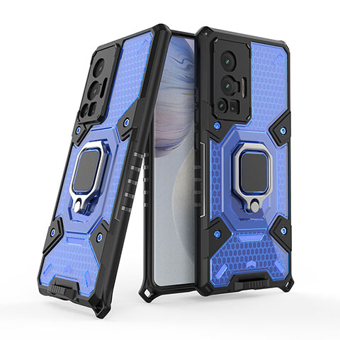 Coque Contour Silicone et Plastique Housse Etui Mat avec Magnetique Support Bague Anneau KC4 pour Vivo X70 Pro 5G Bleu