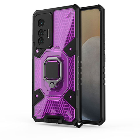 Coque Contour Silicone et Plastique Housse Etui Mat avec Magnetique Support Bague Anneau KC4 pour Vivo X70t Violet