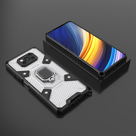 Coque Contour Silicone et Plastique Housse Etui Mat avec Magnetique Support Bague Anneau KC4 pour Xiaomi Poco X3 NFC Blanc