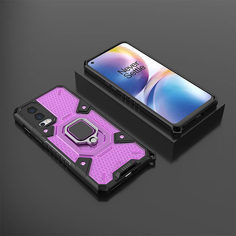 Coque Contour Silicone et Plastique Housse Etui Mat avec Magnetique Support Bague Anneau KC5 pour OnePlus Nord 2 5G Violet