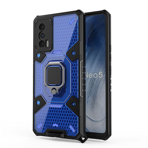 Coque Contour Silicone et Plastique Housse Etui Mat avec Magnetique Support Bague Anneau KC5 pour Vivo iQOO Neo5 5G Bleu