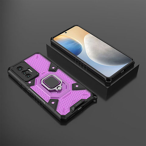 Coque Contour Silicone et Plastique Housse Etui Mat avec Magnetique Support Bague Anneau KC5 pour Vivo X70 5G Violet