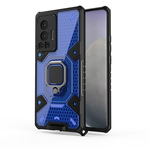 Coque Contour Silicone et Plastique Housse Etui Mat avec Magnetique Support Bague Anneau KC5 pour Vivo X70 Pro 5G Bleu