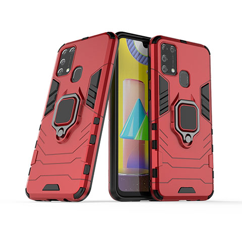 Coque Contour Silicone et Plastique Housse Etui Mat avec Magnetique Support Bague Anneau KC6 pour Samsung Galaxy M21s Rouge