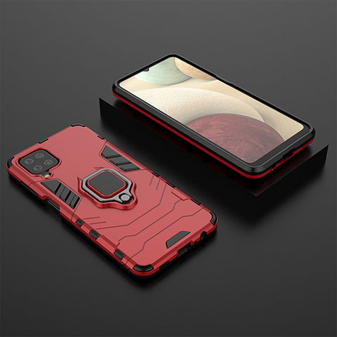 Coque Contour Silicone et Plastique Housse Etui Mat avec Magnetique Support Bague Anneau KK1 pour Samsung Galaxy A12 Rouge