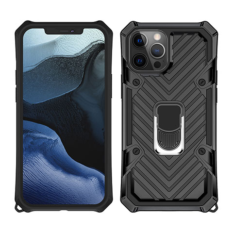 Coque Contour Silicone et Plastique Housse Etui Mat avec Magnetique Support Bague Anneau M01 pour Apple iPhone 12 Pro Max Noir