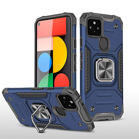 Coque Contour Silicone et Plastique Housse Etui Mat avec Magnetique Support Bague Anneau MQ1 pour Google Pixel 5 Bleu